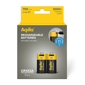 CR123A batterij Oplaadbaar Aqiila USB-C 750 mAh Li-Ion 3V 2